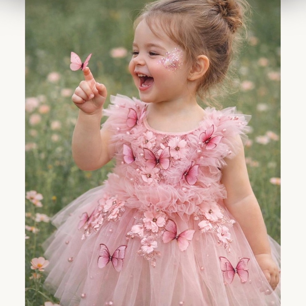 Pink Butterfly Appliqué Tulle Dress for Girls